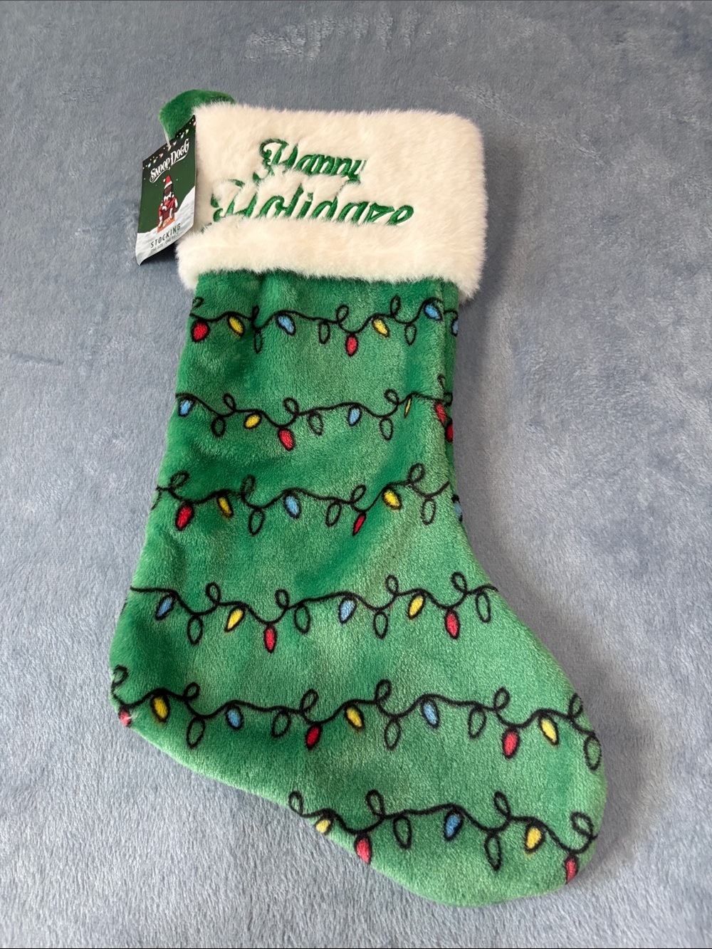 Snoop Dog Green Holiday Stocking with White Faux Fur Cuff - Happy Holidaze.